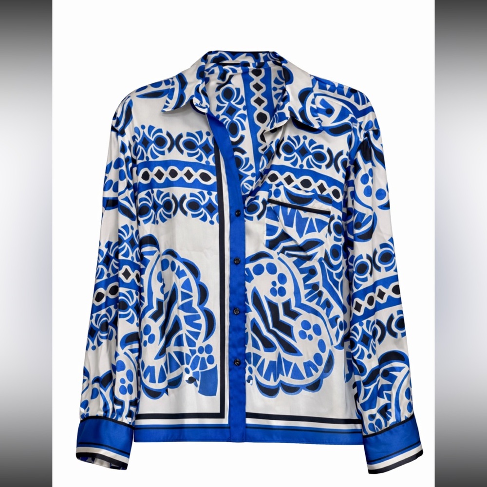 ZARA Geometric Print Satin Effect Button Down Blouse Blue and White Size XL NWOT